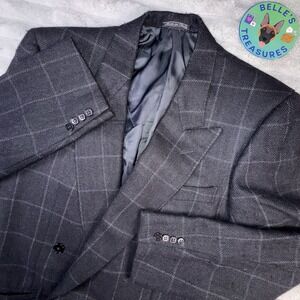 Zegna Blazer Mens 38L Cashmere Blend Double Breasted Sport Coat Window Pane Gray